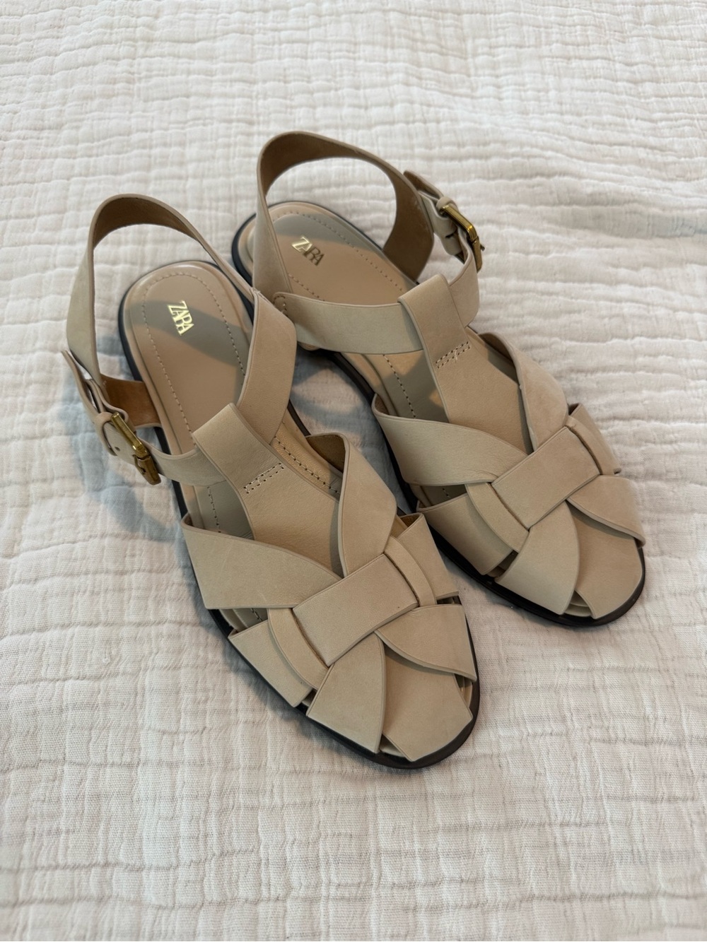 Zara Beige Leather Woven Slingback Sandals EUC 1435